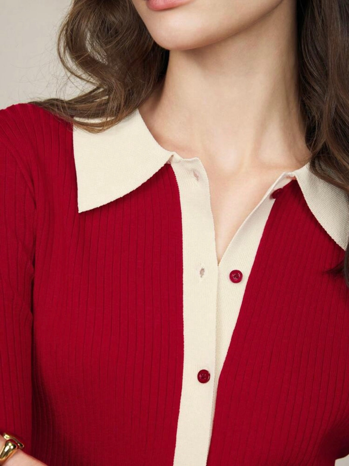 CM-CS006001 Women Casual Seoul Style Striped Long Sleeve Button-Up Rib Knit Sweater - Red