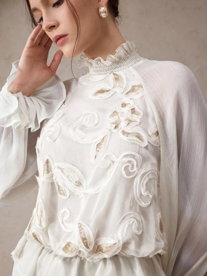 CM-TS233759 Women Trendy Bohemian Style Stand Collar Raglan Sleeve Sequin Decor Loose Fit Blouse - White