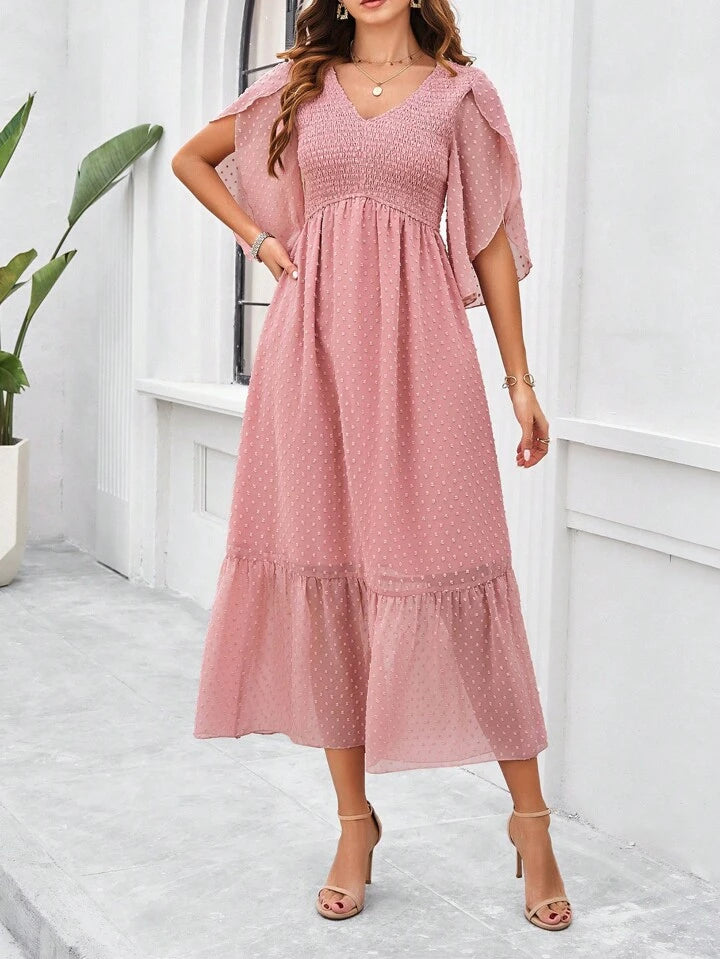 CM-DS085208 Women Elegant Seoul Style Solid Color V-Neck Ruffle Hem Dress - Pink