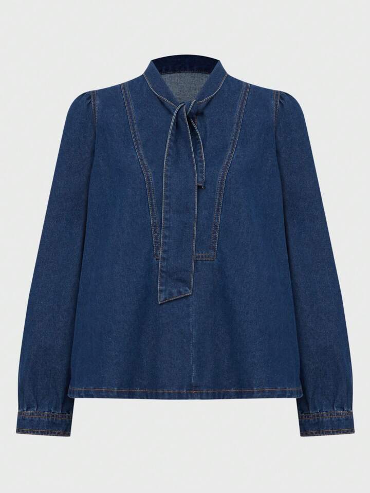 CM-TS357325 Women Casual Seoul Style Medium Wash Tie Front Long Sleeve Loose Denim Shirt Blouse