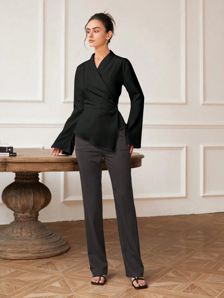 CM-TS247040 Women Elegant Seoul Style Cross Wrap Asymmetric Hem Long Sleeve Blouse - Black