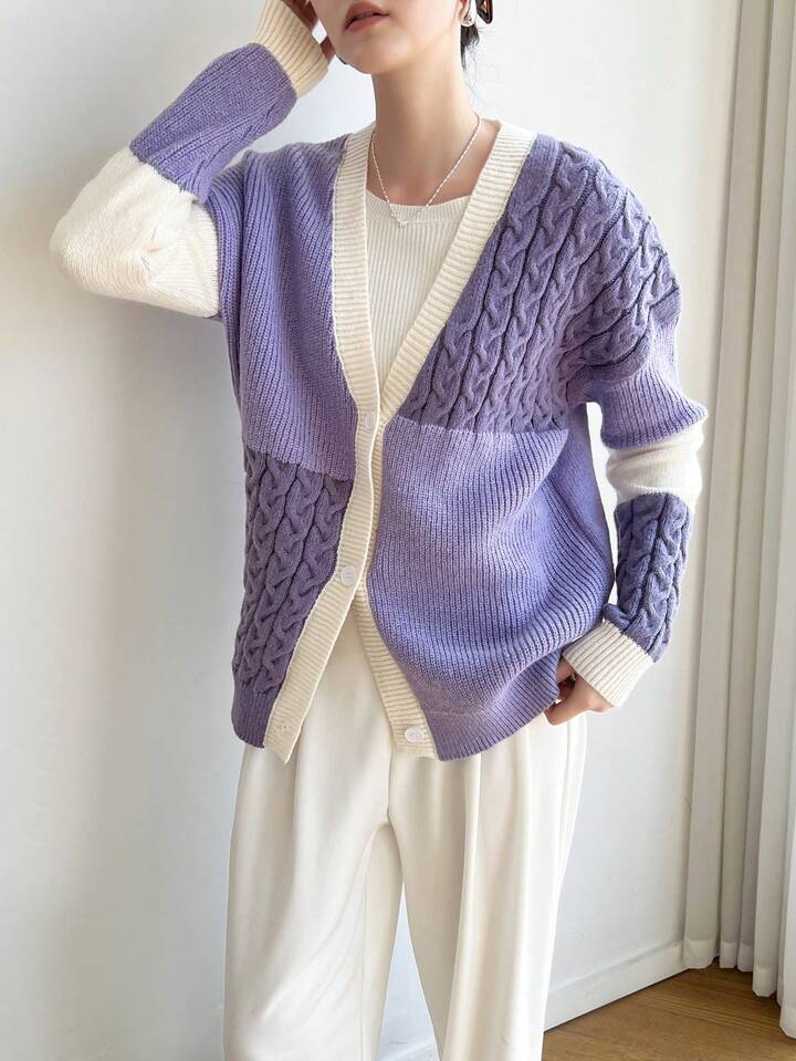 CM-CS851370 Women Casual Seoul Style Colorblock Drop Shoulder Long Sleeve Loose Open Cardigan