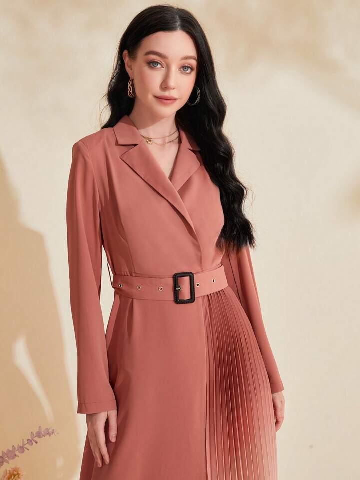 CM-DS184274 Women Elegant Seoul Style Color-Blocked Collar Pleated Hem Belted Dress - Dusty Pink