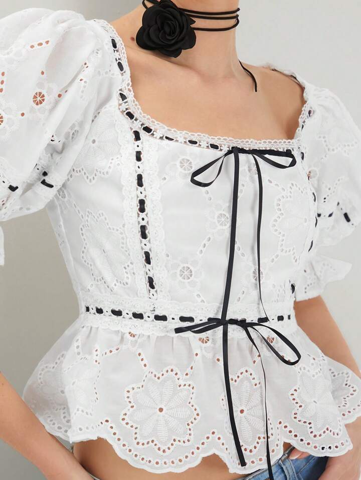 CM-TS202231 Women Trendy Bohemian Style Hollow Out Embroidery Lace Up Square Neck Blouse