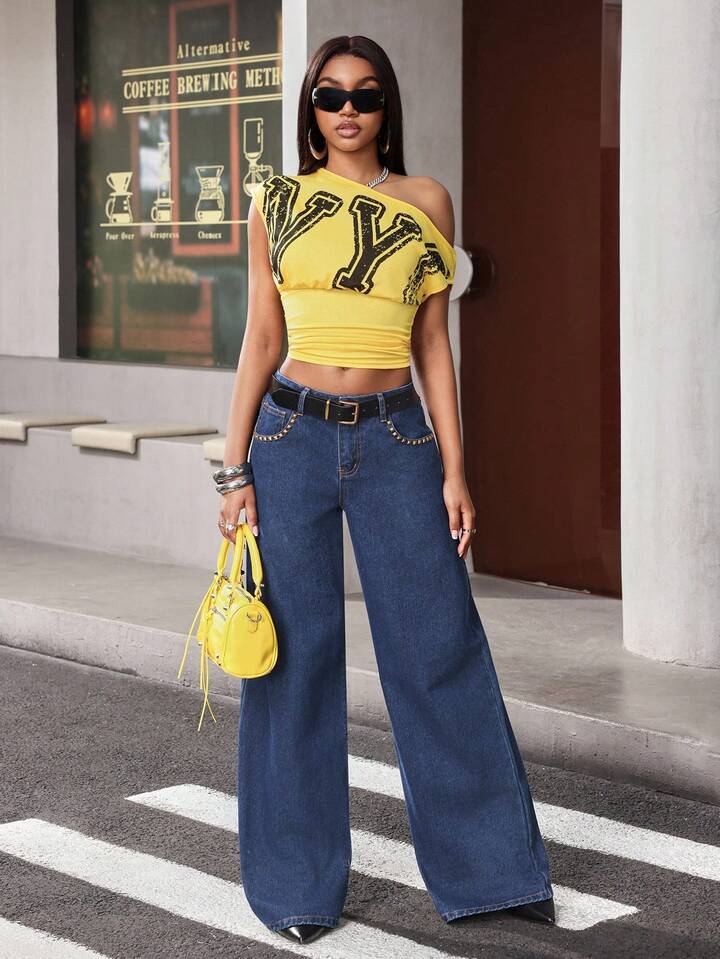 CM-BS311010 Women Casual Seoul Style Rivet Decor Black Leather Belt Low Waist Wide Leg Jeans - Blue