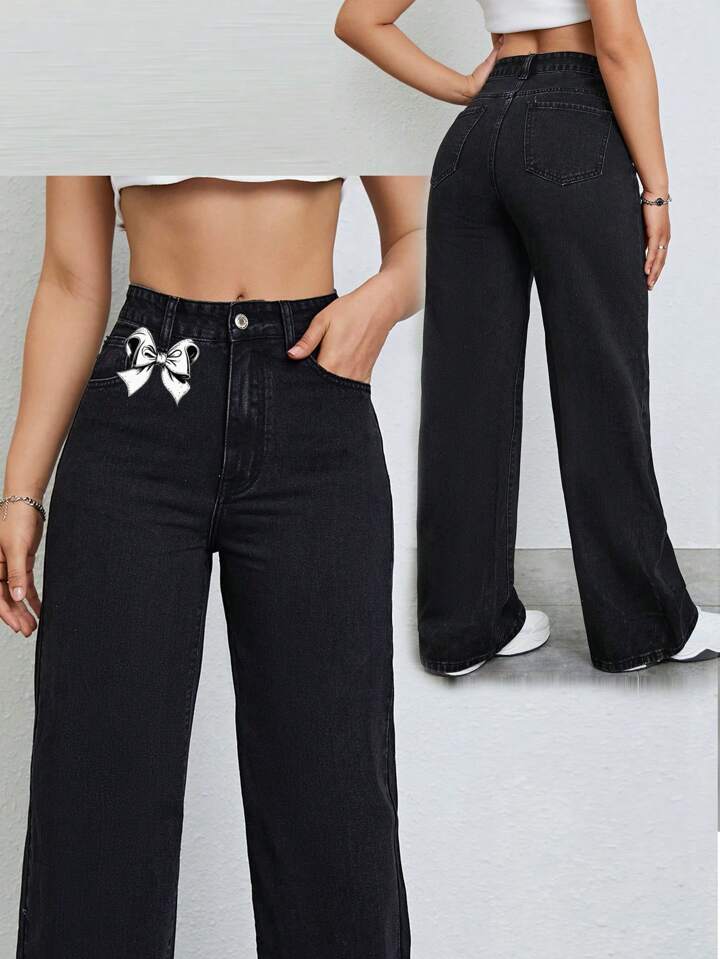 CM-BS327771 Women Casual Seoul Style Button Waist Belt Loop Pocket Bow Decor Straight Loose Pants
