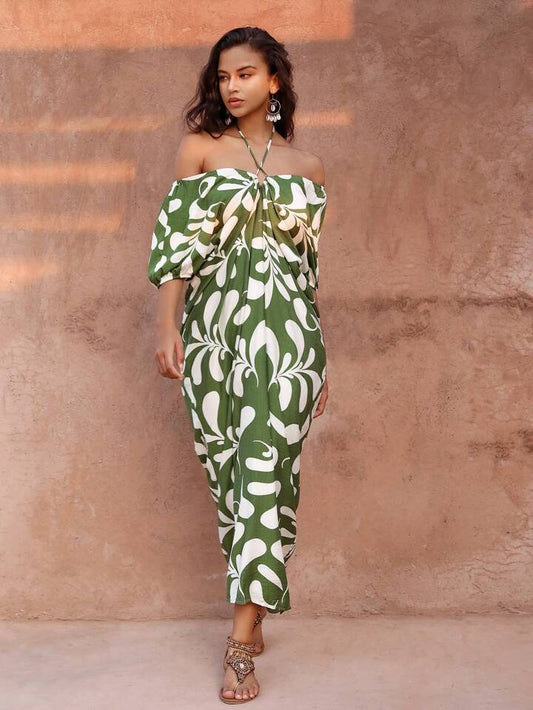 CM-DS307248 Women Trendy Bohemian Style Printed Pleated Backless Maxi Dress - Green