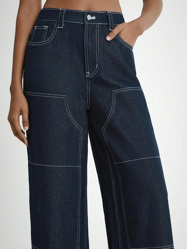 CM-BS236389 Women Casual Seoul Style Dark Wash High Waist Button Fly Extra Long Wide Leg Jeans