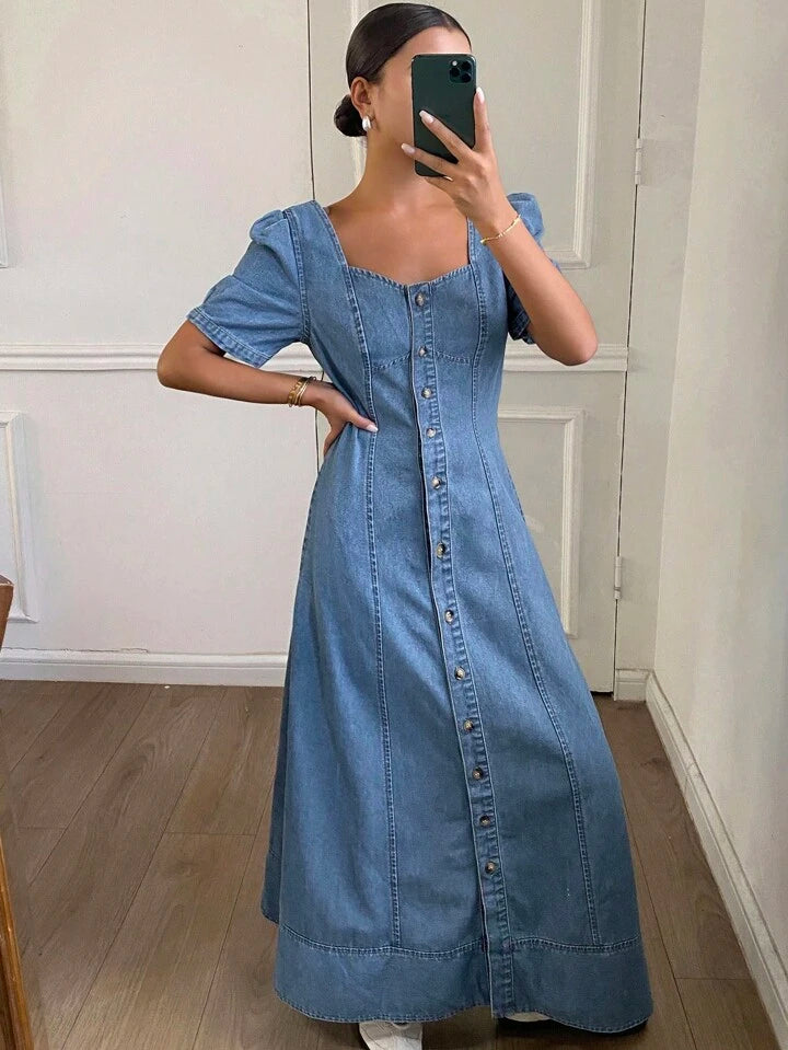 CM-DS733777 Women Casual Seoul Style Square Neck Puff Sleeve Waist Cinched Denim Dress - Blue