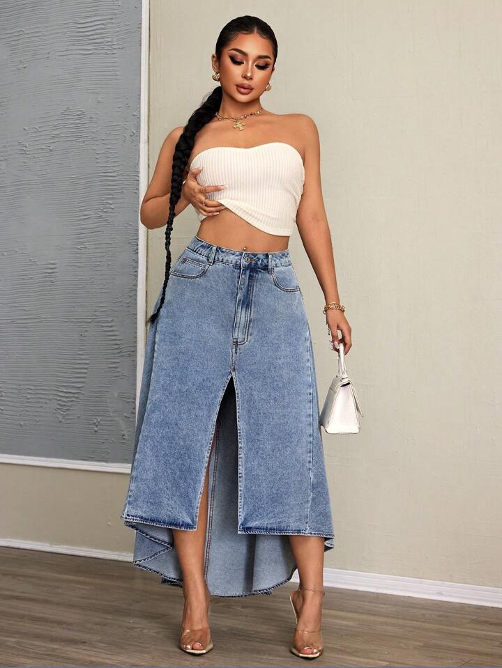CM-BS702798 Women Casual Seoul Style Asymmetrical Skinny Denim Skirt - Blue