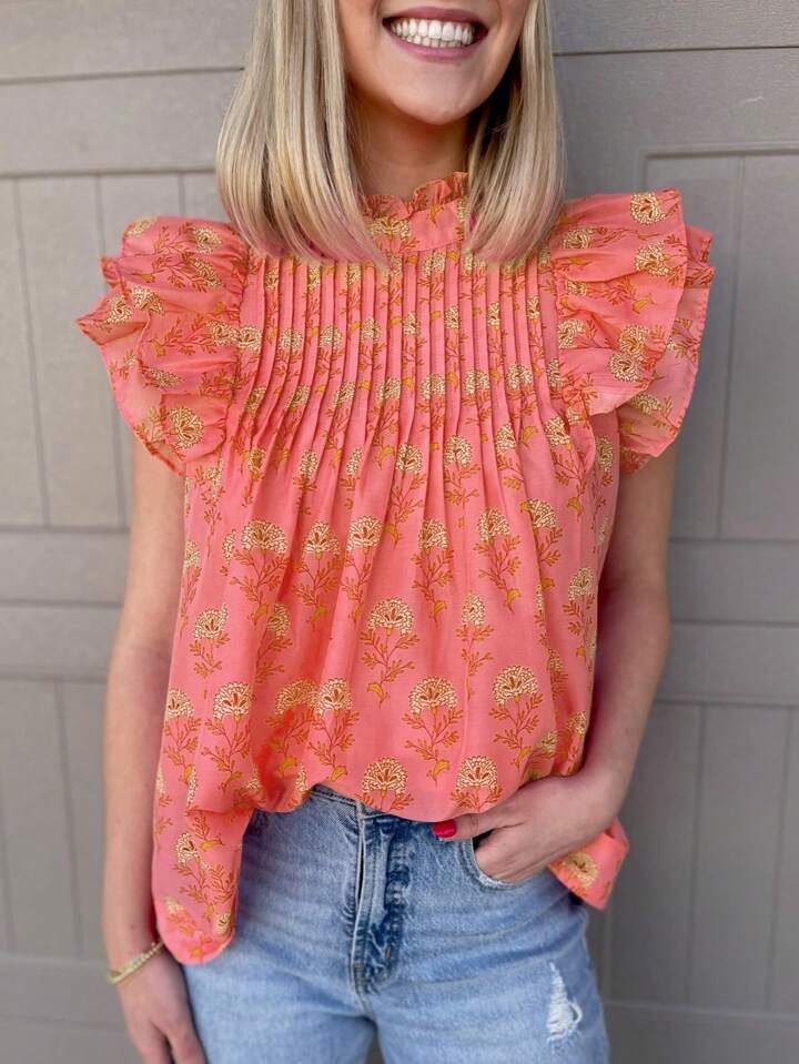 CM-TS895871 Women Trendy Bohemian Style Floral Print Fly Sleeves Ruffled High Neck Blouse - Orange