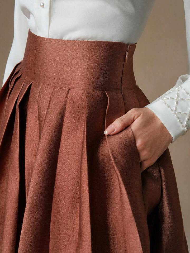 CM-BS672212 Women Elegant Seoul Style High Waisted Puff Pleated Long Skirt - Rust Brown