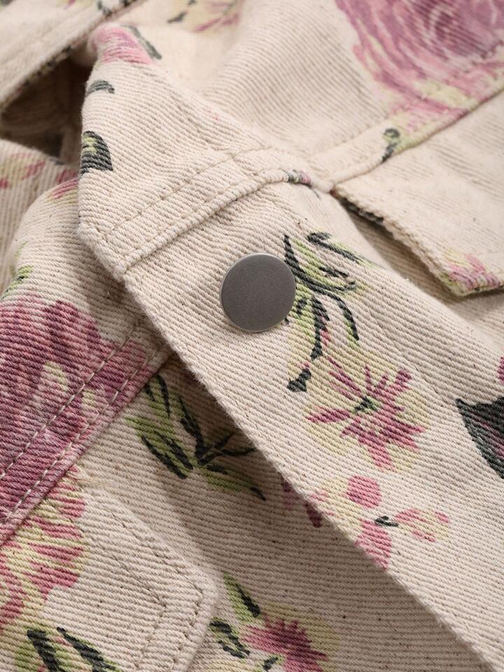 CM-CS898813 Women Casual Seoul Style Floral Print Drop Shoulder Flap Pocket Denim Jacket - Apricot