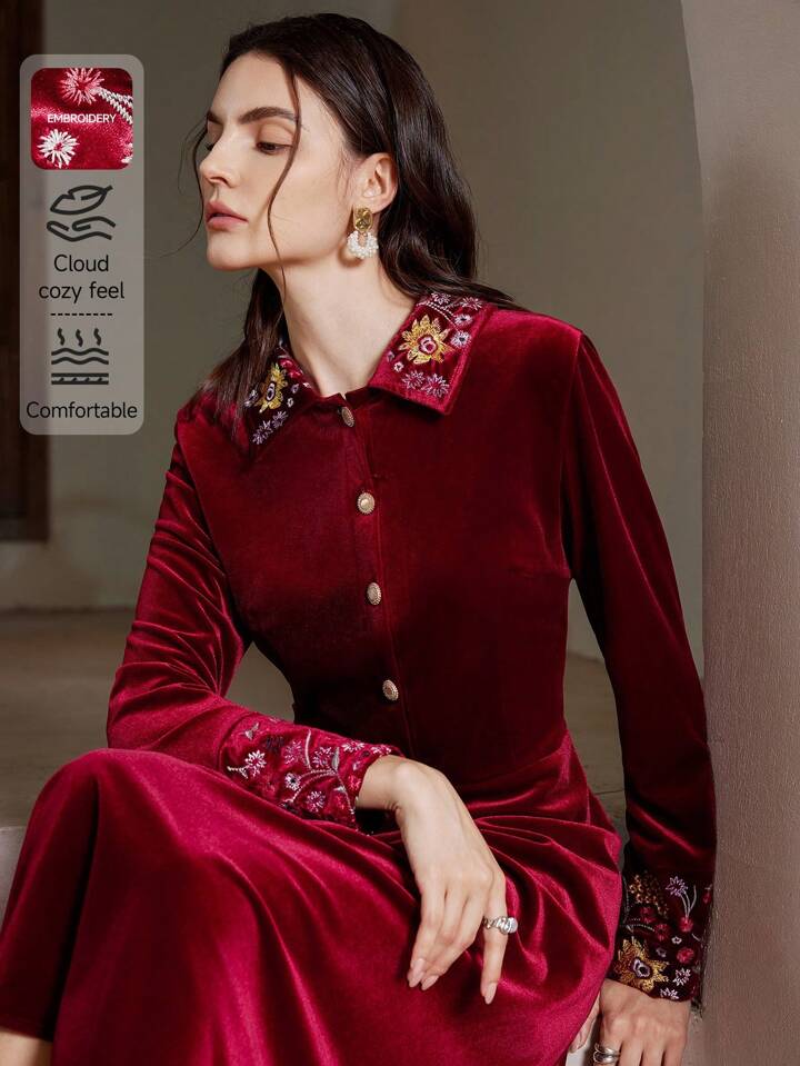 CM-DS682190 Women Retro Seoul Style Velvet Floral Embroidered Turn-Down Collar Long Dress - Burgundy