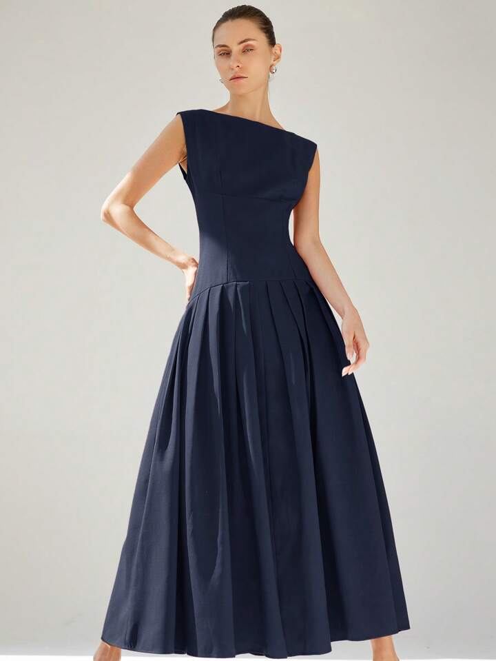 CM-DS247303 Women Elegant Seoul Style Sleeveless Cinched Waist Low Waist Pleated Ruffle Hem Long Dress - Navy Blue