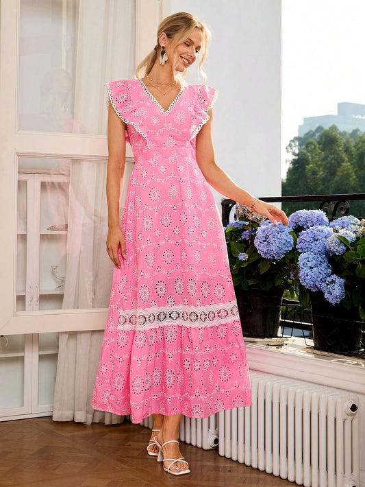 CM-DS032839 Women Elegant Seoul Style V-Neck Sleeveless Embroidery Ruffle Hem Dress - Pink