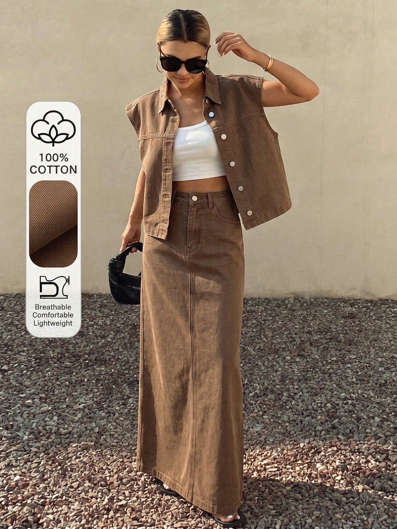 CM-SS389697 Women Casual Seoul Style Collar Neckline Sleeveless Denim Vest With Skirt - Set