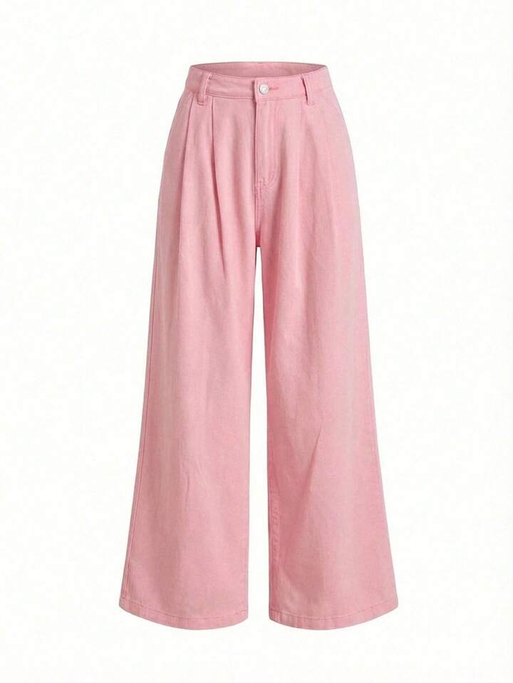CM-BS828884 Women Elegant Seoul Style Relaxed Fit Wide Leg Distressed Pocket Denim Jeans - Pink