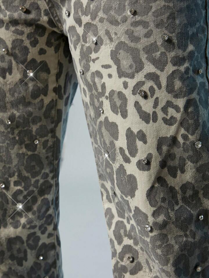 CM-BS433400 Women Casual Seoul Style Rhinestone '90s Wide-Leg Denim Jeans - Gray