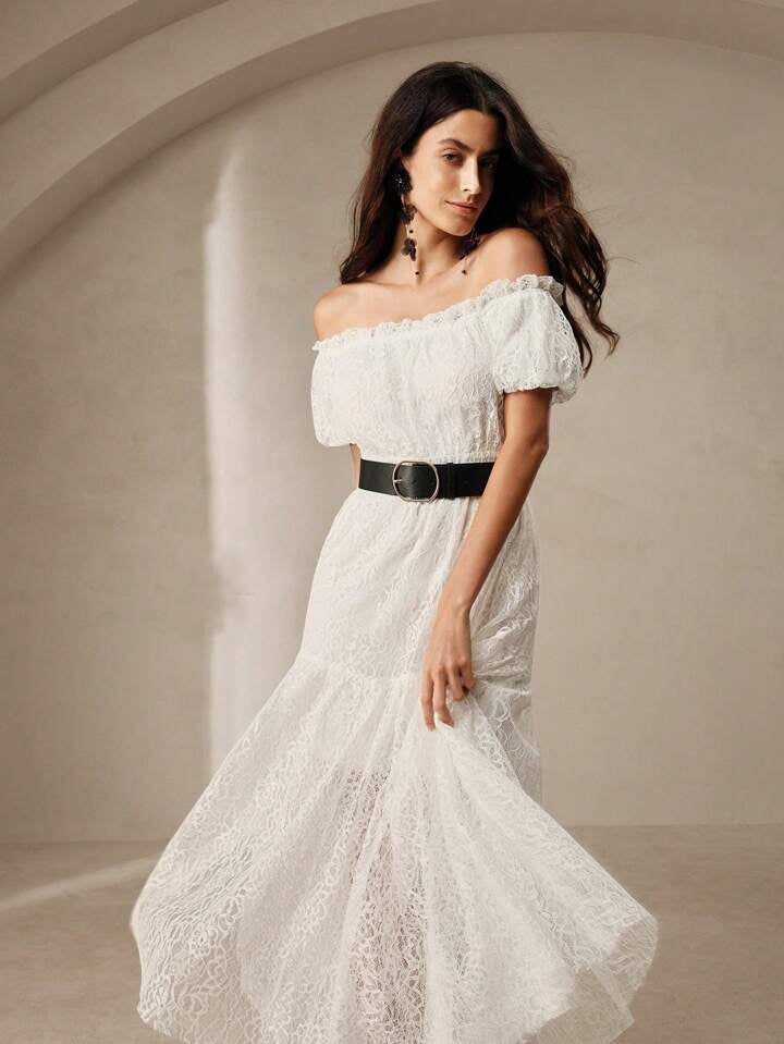 CM-DS047391 Women Elegant Seoul Style Lace Off the Shoulder Puff Sleeve Long Dress - White