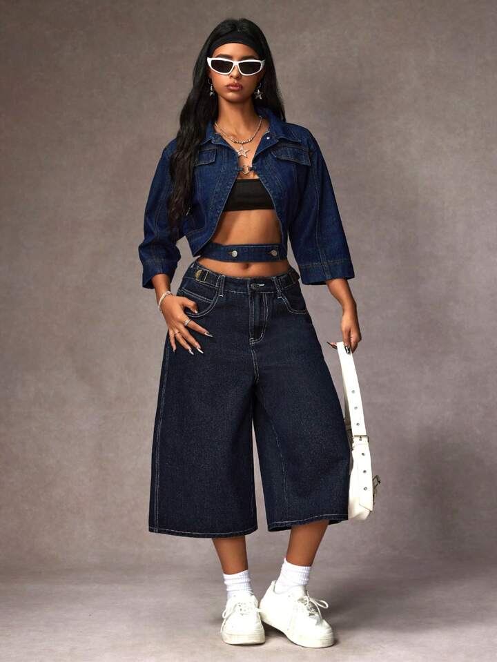 CM-BS097273 Women Casual Seoul Style Pocketed Wide Leg Loose Capri Denim Jeans - Blue