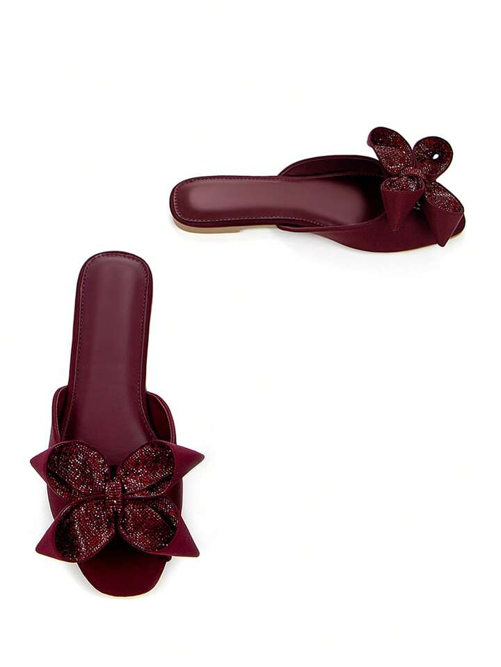 CM-SHS575509 Women Trendy Seoul Style 3D Rhinestone Floral Bow Decor Square Toe Mule Sandals - Burgundy