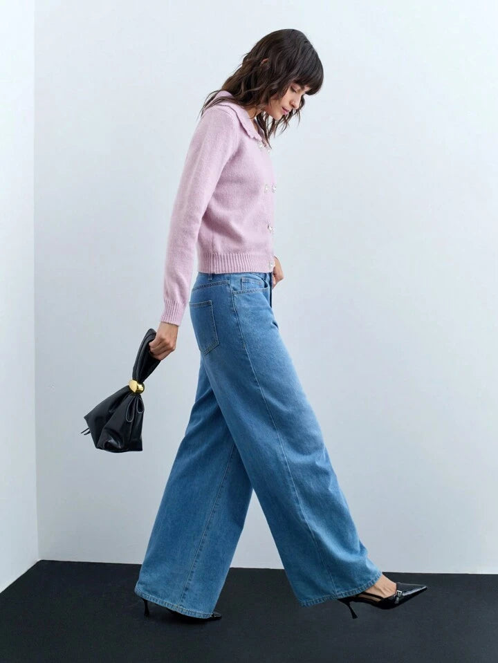 CM-CS661116 Women Casual Seoul Style Ribbed Crystal Decor Ruffle Collar Long Sleeve Cardigan