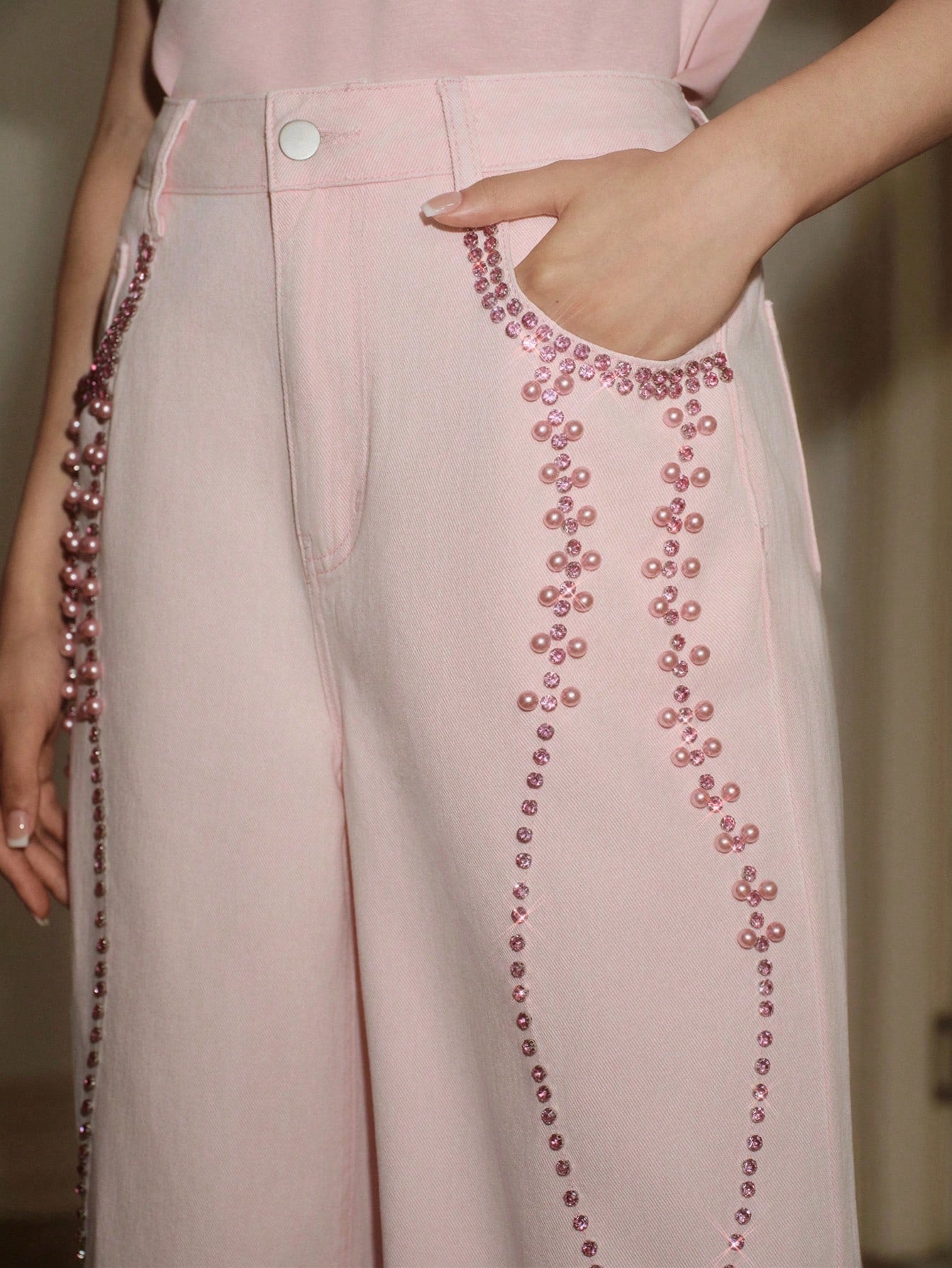 CM-BS535860 Women Elegant Seoul Style Mid Waist Beaded Rhinestone Straight Leg Jeans - Pink