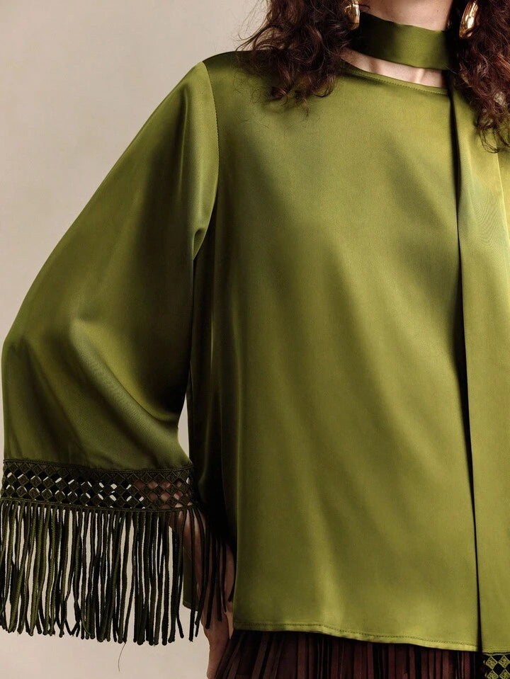 CM-TS528739 Women Elegant Seoul Style Round Neck Cuffs Woven Tassel Design Long Sleeve Shirt - Dark Green