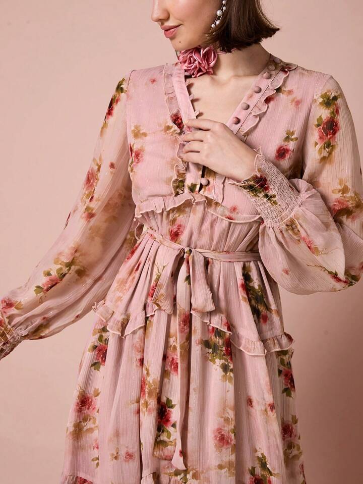 CM-DS263812 Women Elegant Seoul Style Floral Print Front Tie Ruffle Decoration Lantern Long Sleeve Dress
