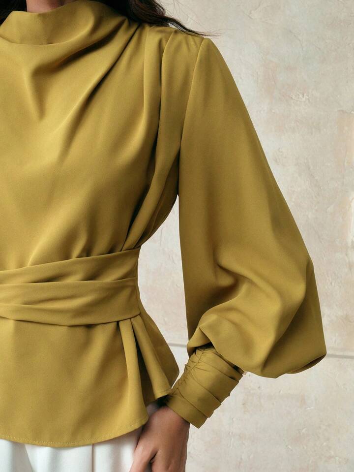 CM-TS912351 Women Elegant Seoul Style Solid Color Swing Lantern Sleeve Asymmetric Ruffle Tie Waist Blouse