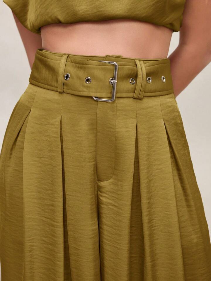 CM-BS266222 Women Casual Seoul Style High Waist Pleated Wide Leg Pants - Khaki