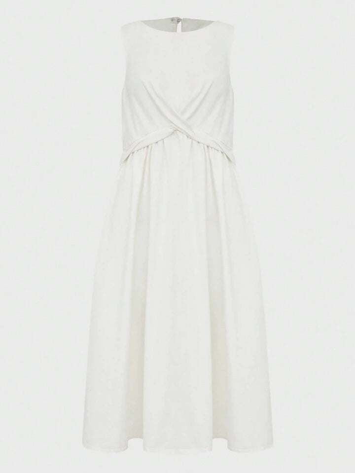CM-DS931041 Women Casual Seoul Style Round Neck Sleeveless High Waist Loose Denim Dress - White