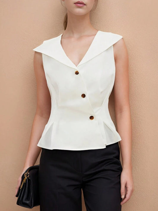 CM-TS527496 Women Eleagnt Seoul Style Front Button Sleeveless Ruffle Hem Shirt - White