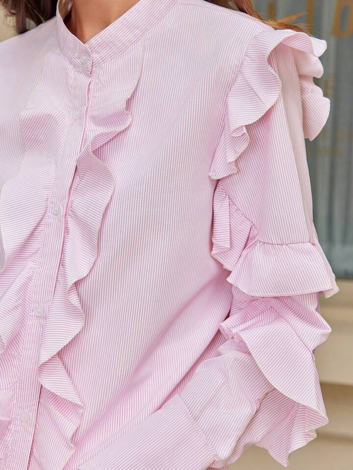 CM-TS685161 Women Elegant Seoul Style Collar Neckline Printed Long Sleeve Shirt - Light Pink