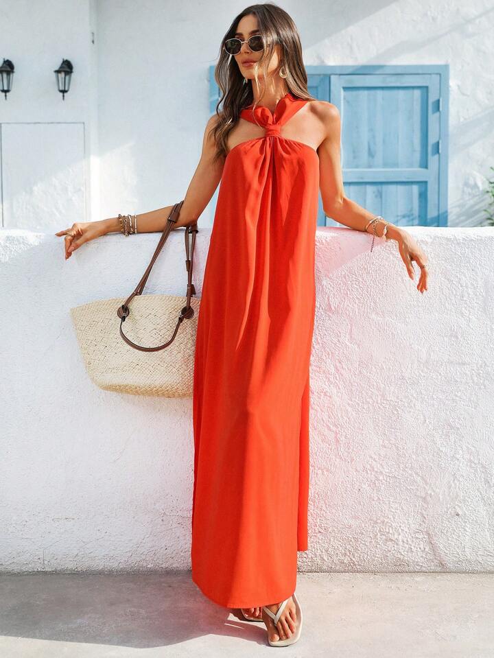 CM-DS042121 Women Trendy Bohemian Style Sleeveless Backless Side-Slit Beach Dress - Orange