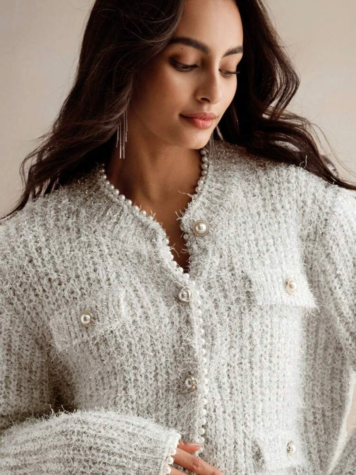 CM-CS843631 Women Elegant Seoul Style Round Neck Feather Mesh Faux Pearl Chain Knit Cardigan