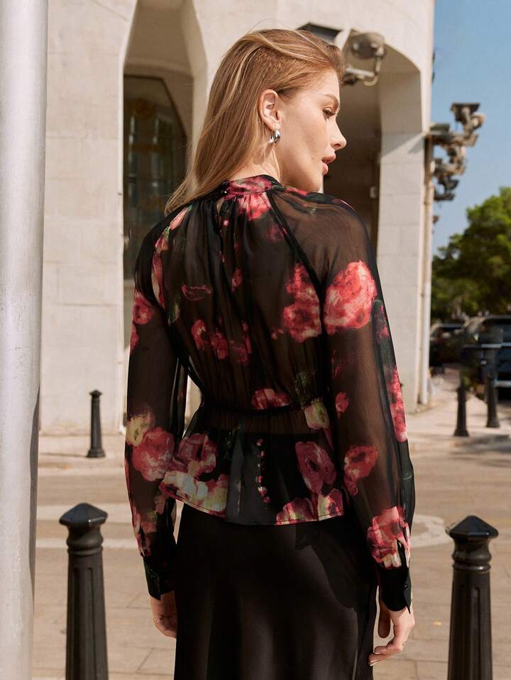 CM-TS565858 Women Elegant Seoul Style Stand Collar Printed Hollow Out Long Sleeve Top