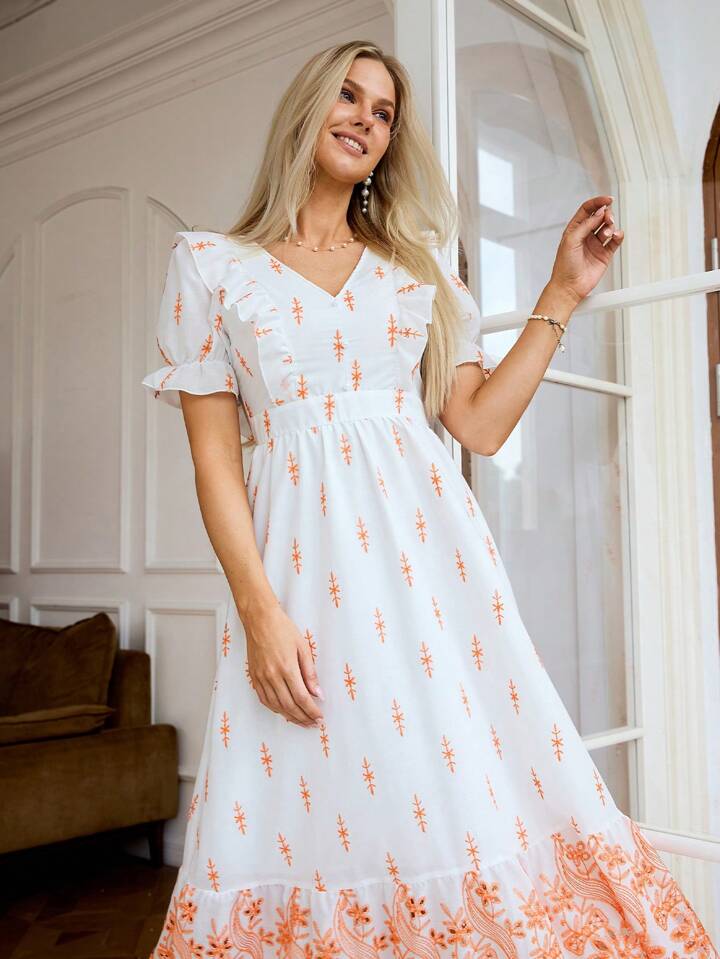 CM-DS838318 Women Elegant Seoul Style V-Neck Short Sleeve Floral Embroidered Dress