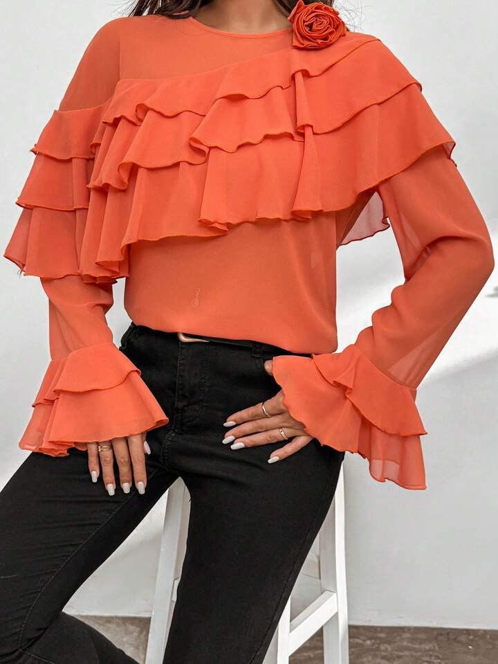CM-TS831955 Women Elegant Seoul Style 3D Floral Decorated Ruffle Trim Blouse - Orange