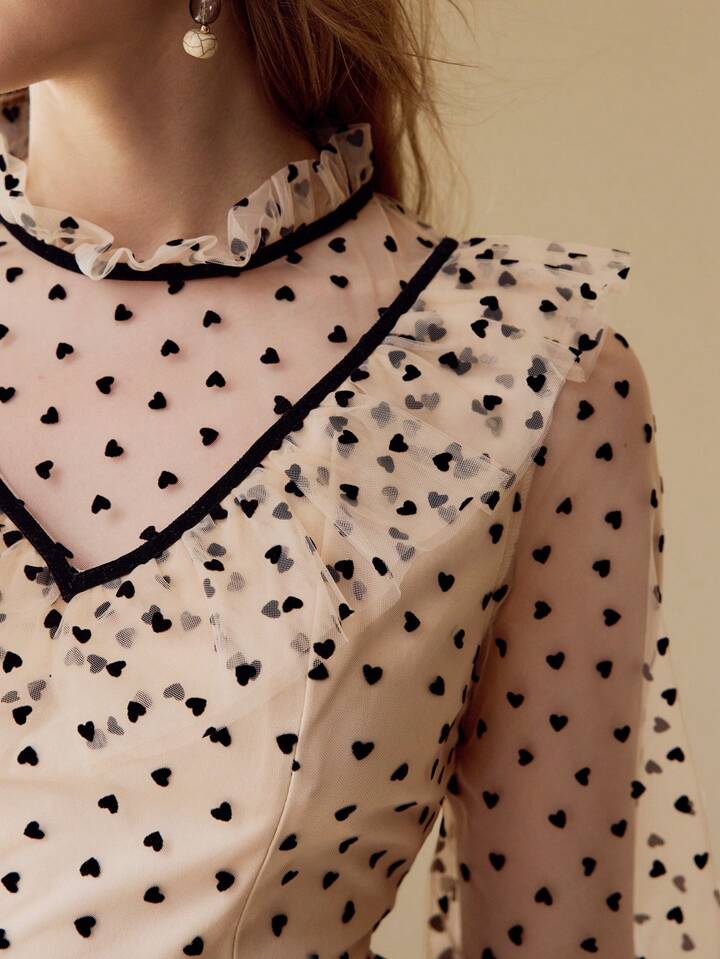 CM-TS622020 Women Elegant Seoul Style Stand Collar Flare Sleeve Contrast Mesh Ruffle Trim Blouse - Apricot