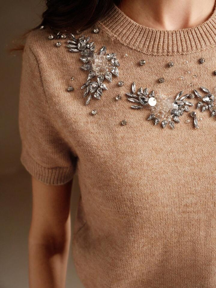 CM-TS091194 Women Casual Seoul Style Round Neck Short Sleeve Embroidered Rhinestone Embellished Knit Top - Khaki