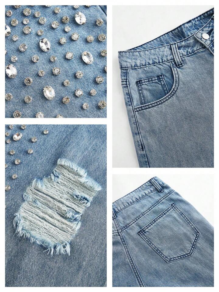 CM-BS971997 Women Elegant Seoul Style Mid Waist Rhinestone Studded Straight-Leg Jeans - Blue