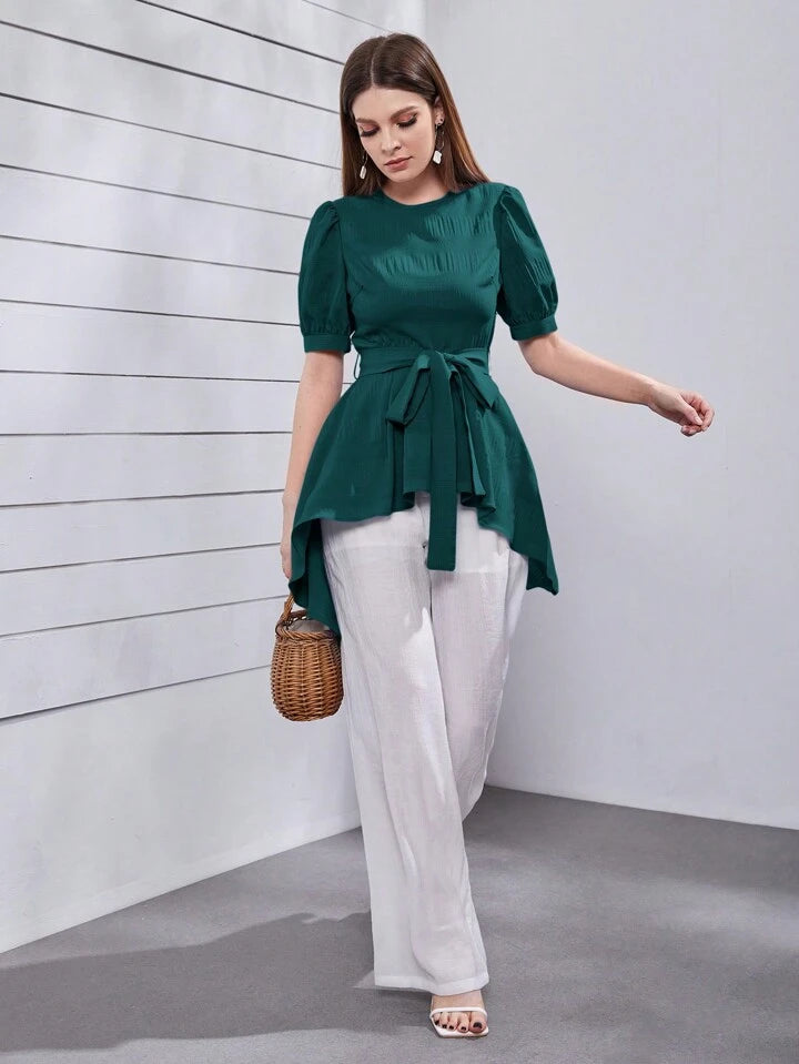 CM-TS741554 Women Casual Seoul Style Round Neck Bubble Short Sleeve Aymmetric Hem Blouse