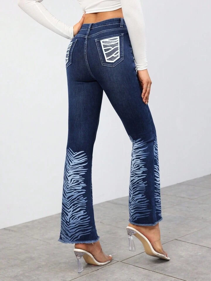 CM-BS661378 Women Casual Seoul Style Medium Wash Printed Flared Leg Pants With Pockets