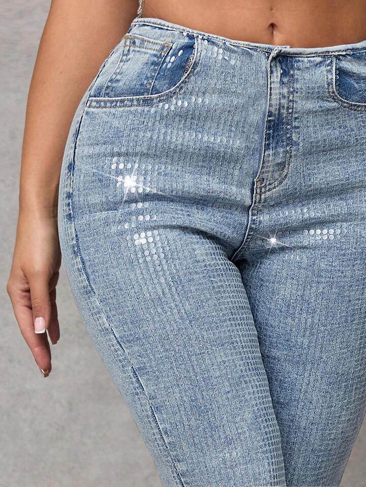 CM-BS633000 Women Casual Seoul Style Medium Wash Skinny Stretchy Flared Denim Jeans