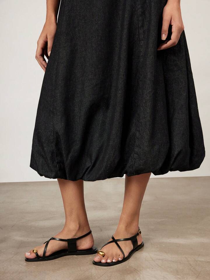 CM-DS652975 Women Casual Seoul Style Square Neck Sleeveless Petal Denim Dress - Black