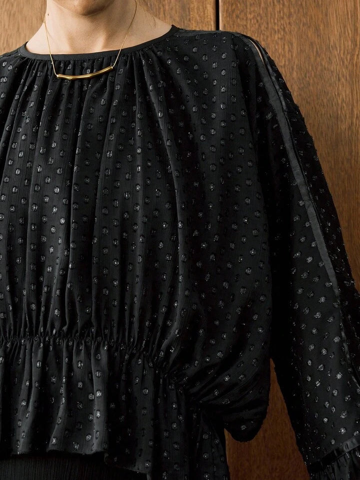 CM-TS538131 Women Elegant Seoul Style Polka Dot Chiffon Jacquard Drop Shoulder Waist Ruffle Design Hem Blouse