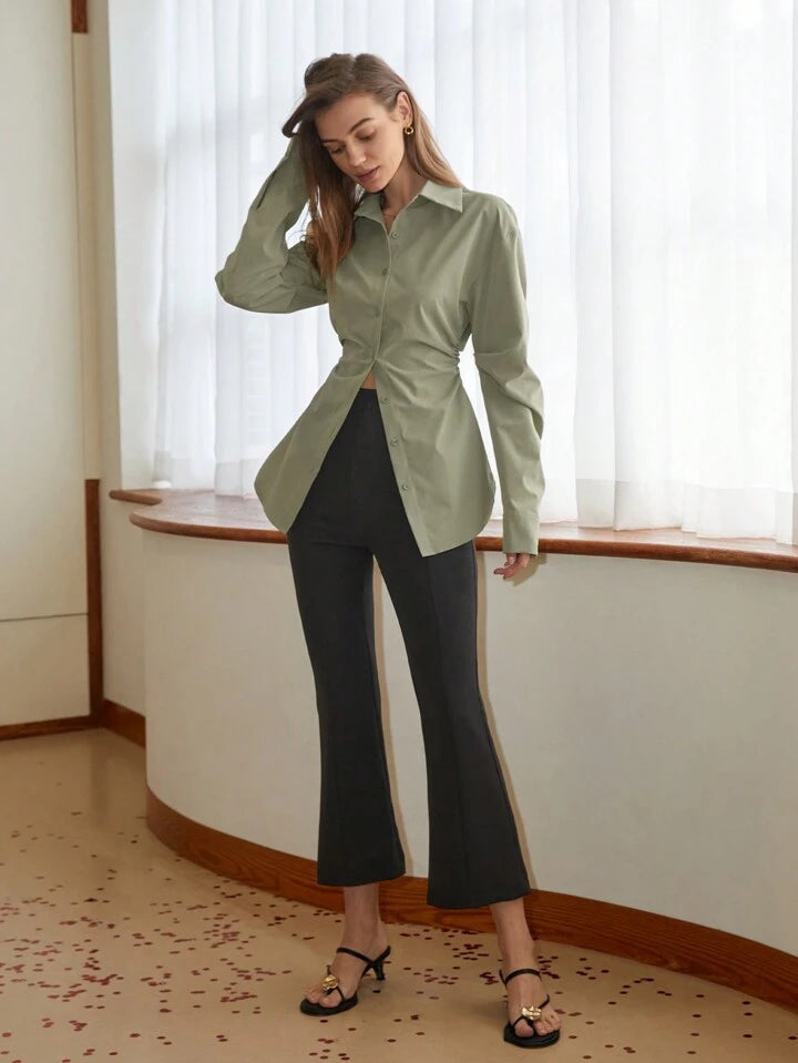 CM-TS606293 Women Casual Seoul Style Drop Shoulder Arc Hem Ruched Detail Shirt - Army Green