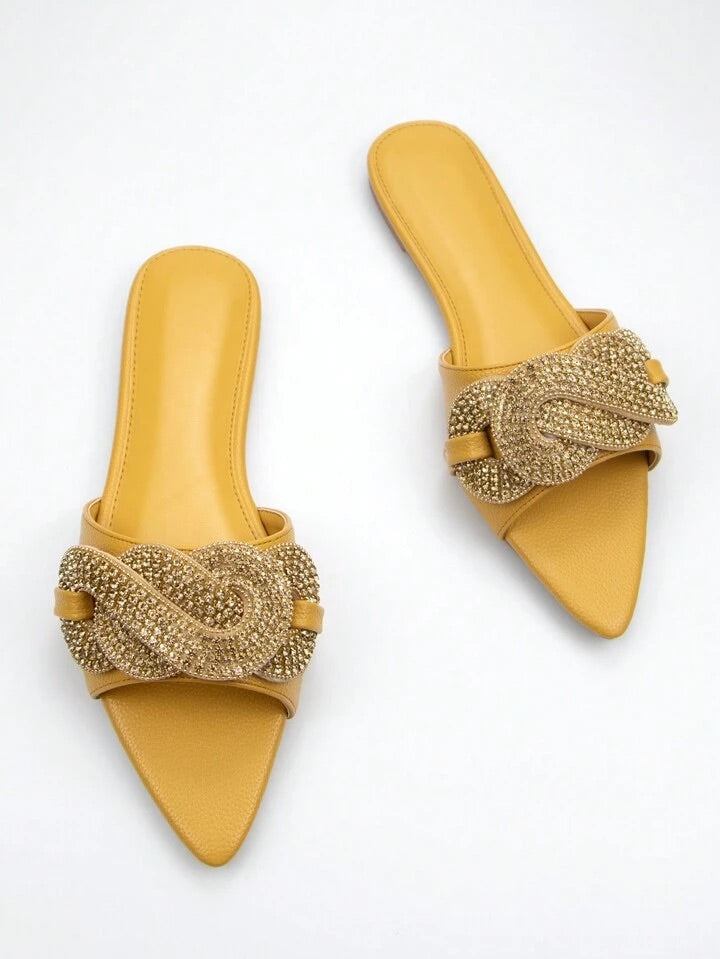 CM-SHS667969 Women Trendy Seoul Style Satin Rhinestone Decor Slide Sandals - Mustard Yellow